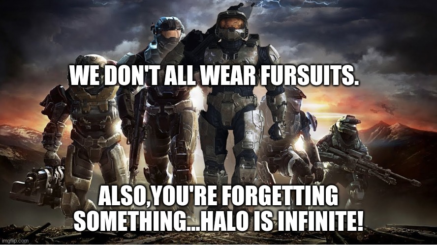WE DON'T ALL WEAR FURSUITS. ALSO,YOU'RE FORGETTING SOMETHING...HALO IS INFINITE! | made w/ Imgflip meme maker