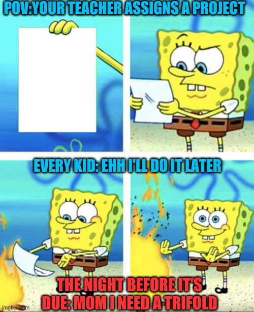 every kid in a nutshell | POV:YOUR TEACHER ASSIGNS A PROJECT; EVERY KID: EHH I'LL DO IT LATER; THE NIGHT BEFORE IT'S DUE: MOM I NEED A TRIFOLD | image tagged in pkfire | made w/ Imgflip meme maker