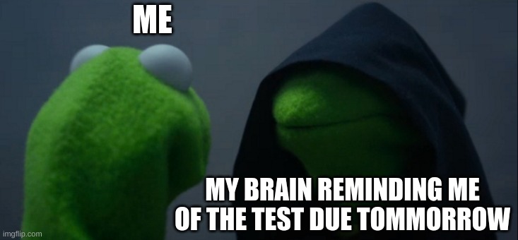 Evil Kermit | ME; MY BRAIN REMINDING ME OF THE TEST DUE TOMMORROW | image tagged in memes,evil kermit | made w/ Imgflip meme maker