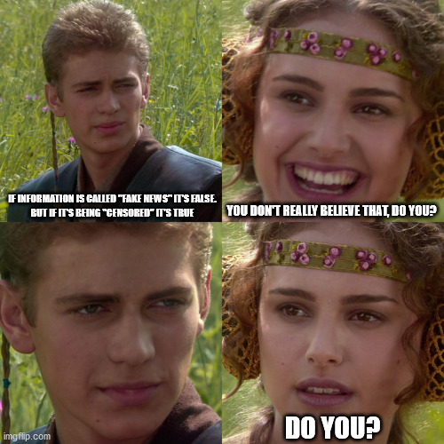 Knowing the truth | IF INFORMATION IS CALLED "FAKE NEWS" IT'S FALSE.
BUT IF IT'S BEING "CENSORED" IT'S TRUE; YOU DON'T REALLY BELIEVE THAT, DO YOU? DO YOU? | image tagged in anakin padme 4 panel | made w/ Imgflip meme maker