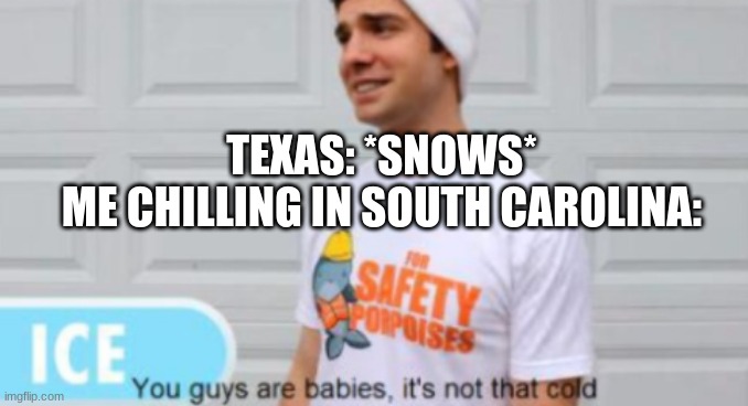 its funny because mikey lives in texas | TEXAS: *SNOWS*
ME CHILLING IN SOUTH CAROLINA: | image tagged in youtuber,texas,freezing cold | made w/ Imgflip meme maker