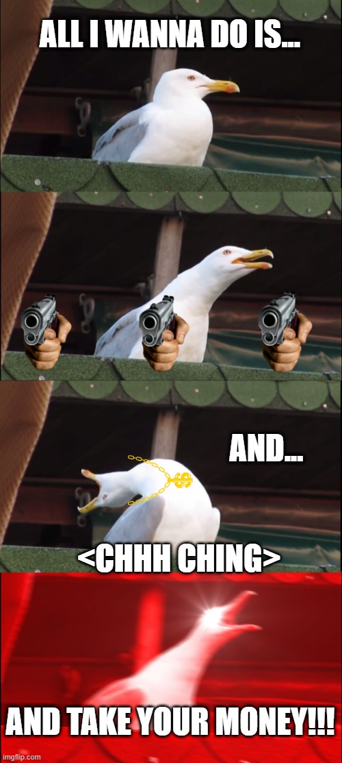 MIA Third World Democracy | ALL I WANNA DO IS... AND... <CHHH CHING>; AND TAKE YOUR MONEY!!! | image tagged in memes,inhaling seagull | made w/ Imgflip meme maker