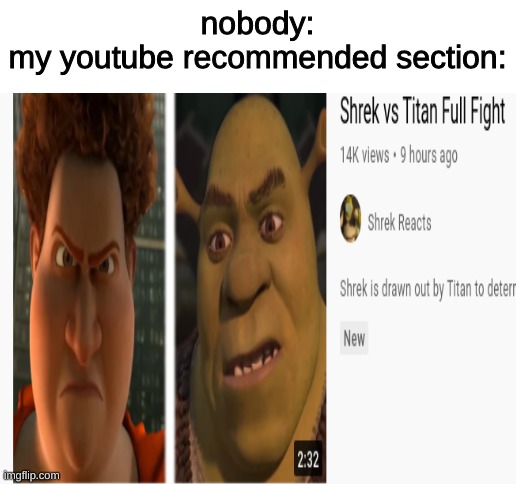 nobody:
my youtube recommended section: | image tagged in blank white template,funny memes,memes,fun,funny,lol | made w/ Imgflip meme maker