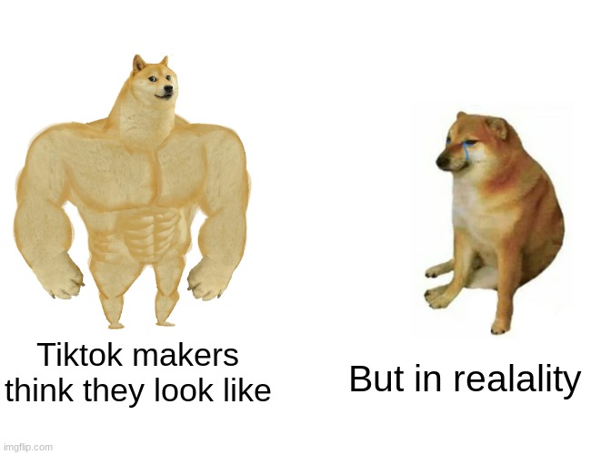 Tiktok be like | Tiktok makers think they look like; But in realality | image tagged in memes,buff doge vs cheems | made w/ Imgflip meme maker