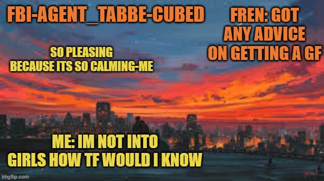 :P my crush is g a y hip hip horray. i can date them in secret bc i dont want to lose food privilages for 3.5 months | FREN: GOT ANY ADVICE ON GETTING A GF; ME: IM NOT INTO GIRLS HOW TF WOULD I KNOW | image tagged in my sunset temp p | made w/ Imgflip meme maker