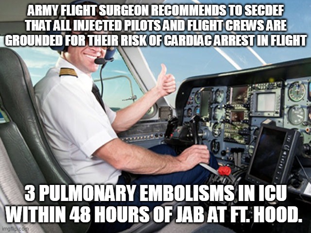 Tip of the iceberg, you can be certain of that. | ARMY FLIGHT SURGEON RECOMMENDS TO SECDEF THAT ALL INJECTED PILOTS AND FLIGHT CREWS ARE GROUNDED FOR THEIR RISK OF CARDIAC ARREST IN FLIGHT; 3 PULMONARY EMBOLISMS IN ICU WITHIN 48 HOURS OF JAB AT FT. HOOD. | image tagged in pilot,covid 19,covid vaccine | made w/ Imgflip meme maker
