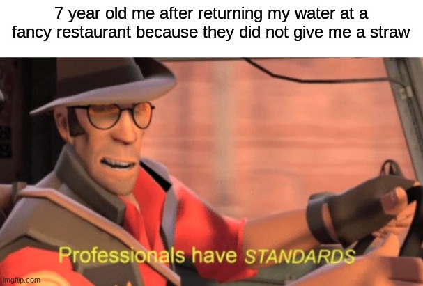 Professionals have standards | 7 year old me after returning my water at a fancy restaurant because they did not give me a straw | image tagged in professionals have standards | made w/ Imgflip meme maker