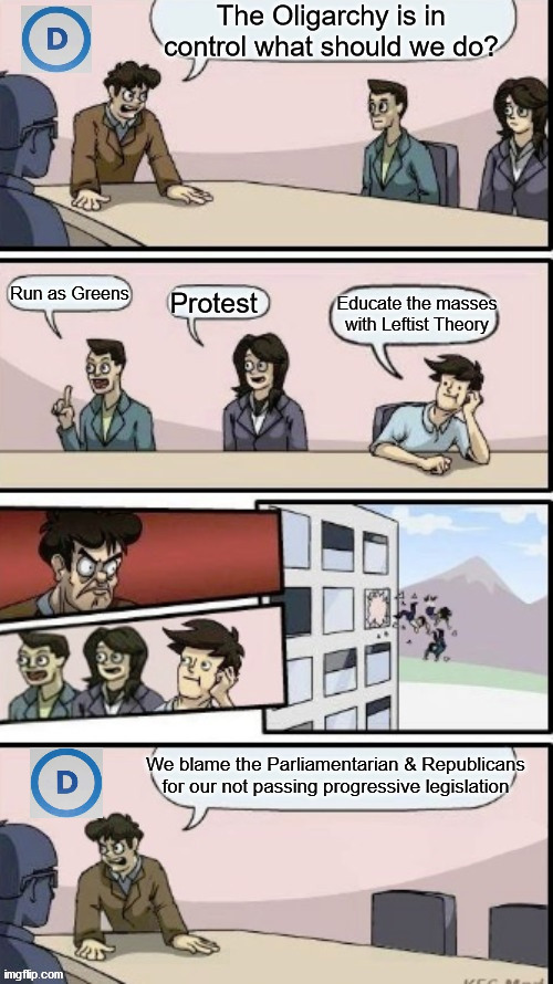 image tagged in boardroom meeting suggestion,democrats,progressives,leftists,oligarchy,politics | made w/ Imgflip meme maker
