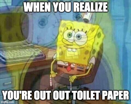Toilet Paper isa dissaperin' | WHEN YOU REALIZE; YOU'RE OUT OUT TOILET PAPER | image tagged in spongebob panic inside,funny,relatable,screaming | made w/ Imgflip meme maker