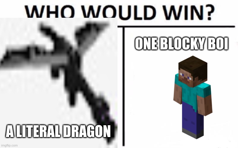Ender Dragon vs One Blockih Boi | ONE BLOCKY BOI; A LITERAL DRAGON | image tagged in minecraft,video games,minecraft steve,who would win,gaming,spongebob | made w/ Imgflip meme maker