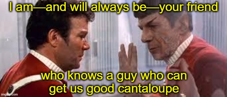 A guy who learned from Thumper • | I am—and will always be—your friend; who knows a guy who can
get us good cantaloupe | image tagged in spock and kirk,star trek,melon,that one friend,you can do it,food | made w/ Imgflip meme maker