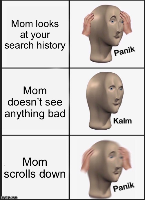 Panik Kalm Panik | Mom looks at your search history; Mom doesn’t see anything bad; Mom scrolls down | image tagged in memes,panik kalm panik | made w/ Imgflip meme maker