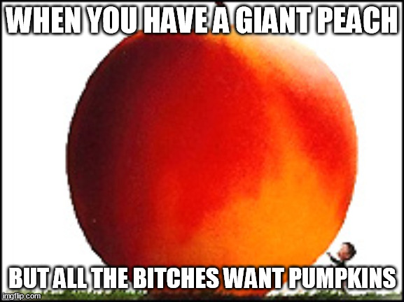 James and the Giant Peach | WHEN YOU HAVE A GIANT PEACH; BUT ALL THE BITCHES WANT PUMPKINS | image tagged in james and the giant peach,memes | made w/ Imgflip meme maker