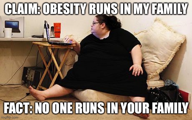 Not running and being super morbidly obese | CLAIM: OBESITY RUNS IN MY FAMILY FACT: NO ONE RUNS IN YOUR FAMILY | image tagged in obese woman at computer,running,obesity,obese | made w/ Imgflip meme maker