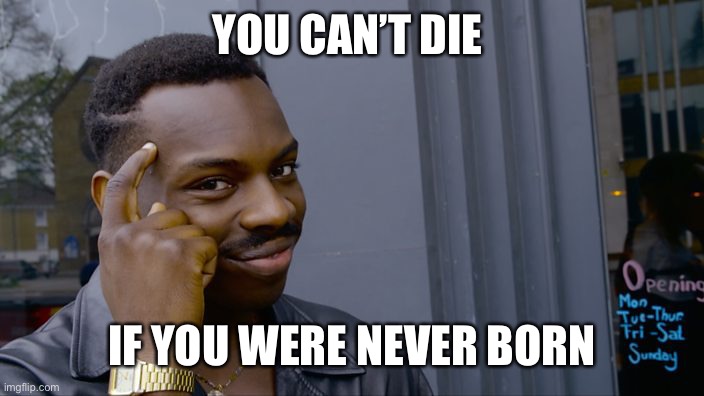 Think about it | YOU CAN’T DIE; IF YOU WERE NEVER BORN | image tagged in roll safe think about it | made w/ Imgflip meme maker