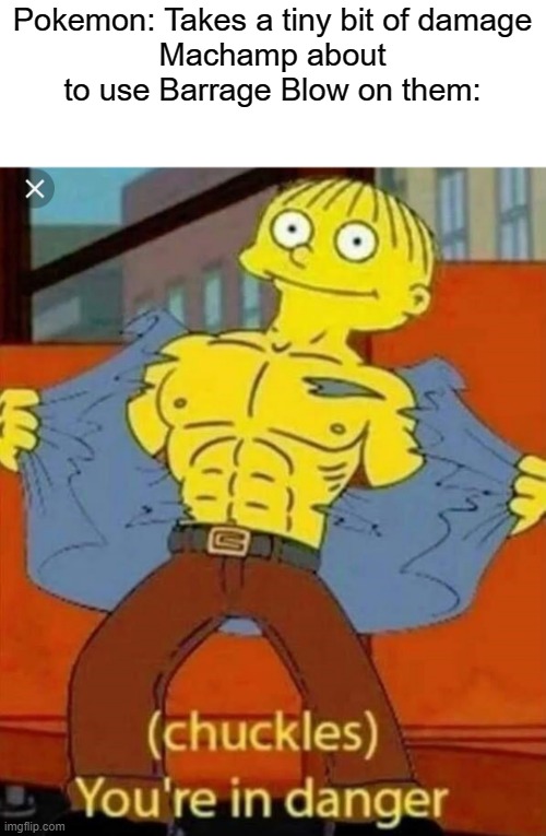 A unite reference | Pokemon: Takes a tiny bit of damage
Machamp about to use Barrage Blow on them: | image tagged in your in danger | made w/ Imgflip meme maker