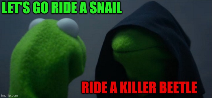 Evil Kermit Meme | LET'S GO RIDE A SNAIL RIDE A KILLER BEETLE | image tagged in memes,evil kermit | made w/ Imgflip meme maker