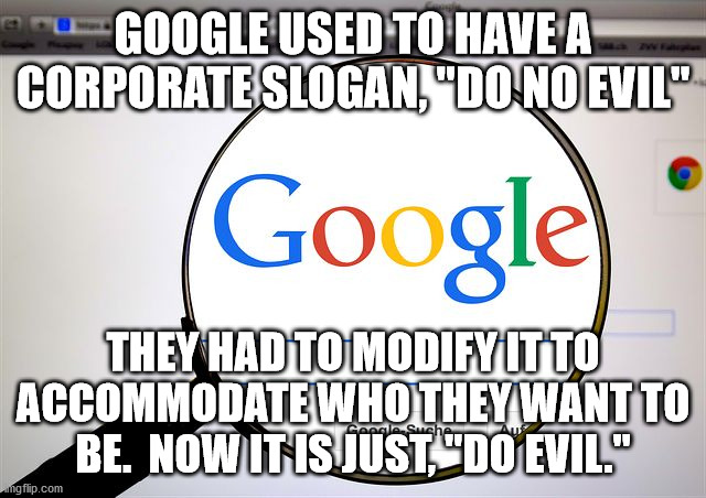Google search | GOOGLE USED TO HAVE A CORPORATE SLOGAN, "DO NO EVIL" THEY HAD TO MODIFY IT TO ACCOMMODATE WHO THEY WANT TO BE.  NOW IT IS JUST, "DO EVIL." | image tagged in google search | made w/ Imgflip meme maker