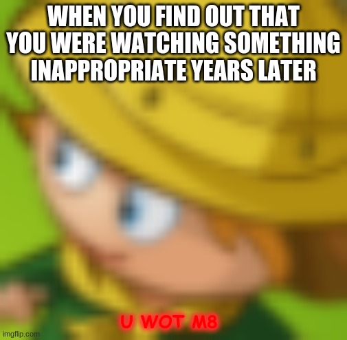wot |  WHEN YOU FIND OUT THAT YOU WERE WATCHING SOMETHING INAPPROPRIATE YEARS LATER; U WOT M8 | image tagged in funny,meme,fun | made w/ Imgflip meme maker
