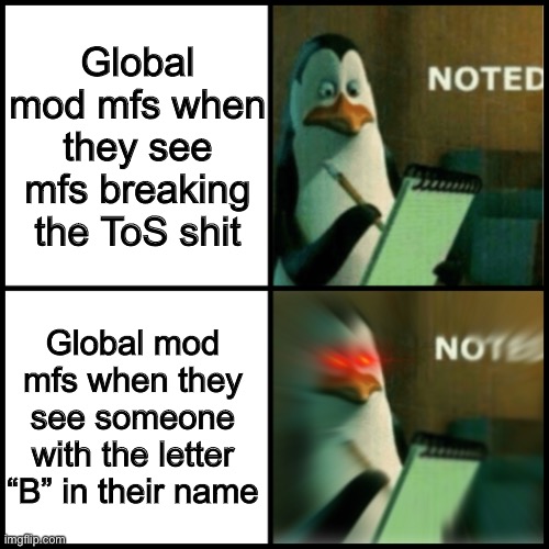 Noted Template | Global mod mfs when they see mfs breaking the ToS shit; Global mod mfs when they see someone with the letter “B” in their name | image tagged in noted template | made w/ Imgflip meme maker