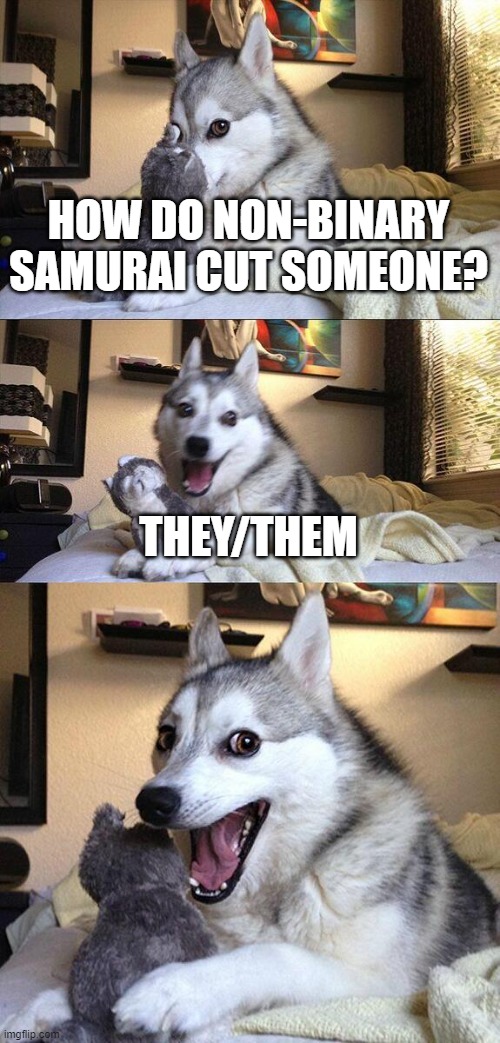 Bad Pun Dog Meme | HOW DO NON-BINARY SAMURAI CUT SOMEONE? THEY/THEM | image tagged in memes,bad pun dog | made w/ Imgflip meme maker
