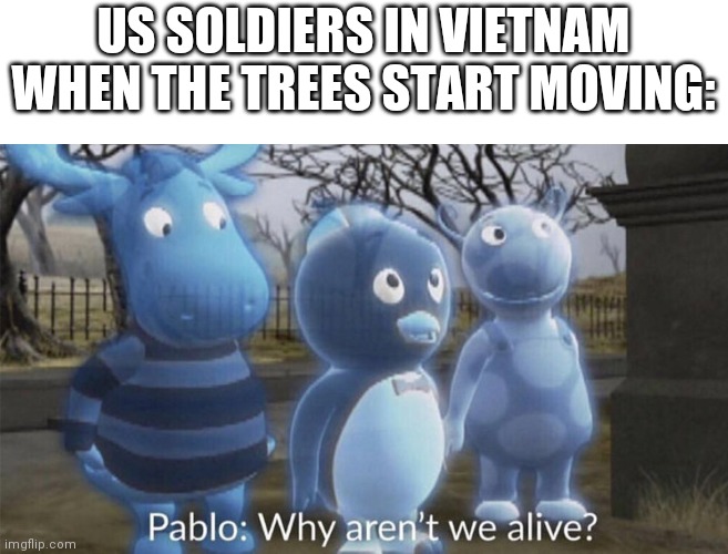 Oh no | US SOLDIERS IN VIETNAM WHEN THE TREES START MOVING: | image tagged in pablo why aren't we alive | made w/ Imgflip meme maker