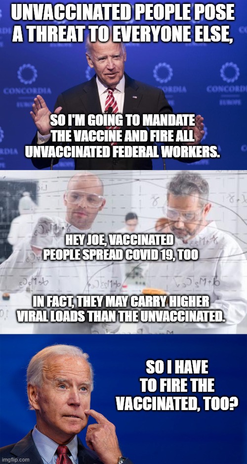 Everyone is a Threat! | UNVACCINATED PEOPLE POSE A THREAT TO EVERYONE ELSE, SO I'M GOING TO MANDATE THE VACCINE AND FIRE ALL UNVACCINATED FEDERAL WORKERS. HEY JOE, VACCINATED 
PEOPLE SPREAD COVID 19, TOO; IN FACT, THEY MAY CARRY HIGHER VIRAL LOADS THAN THE UNVACCINATED. SO I HAVE TO FIRE THE VACCINATED, TOO? | image tagged in joe biden,british scientists,covid-19,vaccine,vaccine mandate,viral load,ConservativesOnly | made w/ Imgflip meme maker