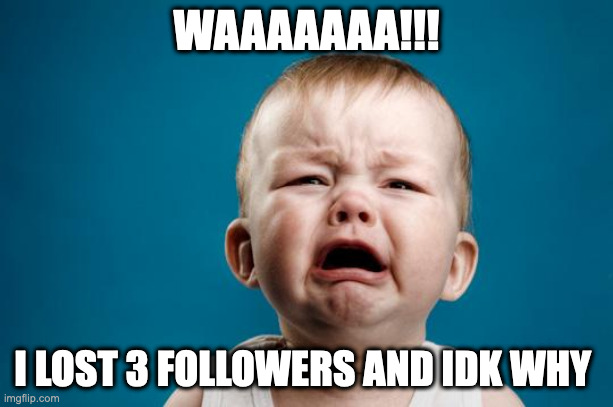Hi | WAAAAAAA!!! I LOST 3 FOLLOWERS AND IDK WHY | image tagged in baby crying | made w/ Imgflip meme maker