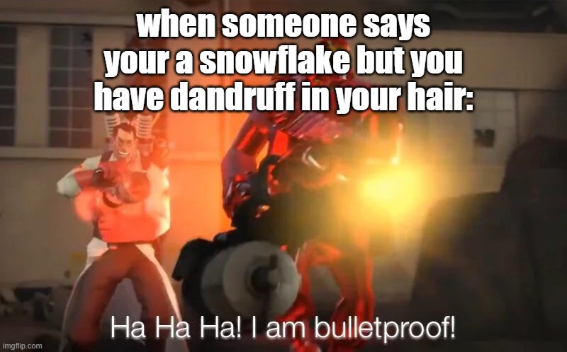 I have dandruff (this is stupid but whatever) | when someone says your a snowflake but you have dandruff in your hair: | image tagged in haha i am bulletproof lmao | made w/ Imgflip meme maker