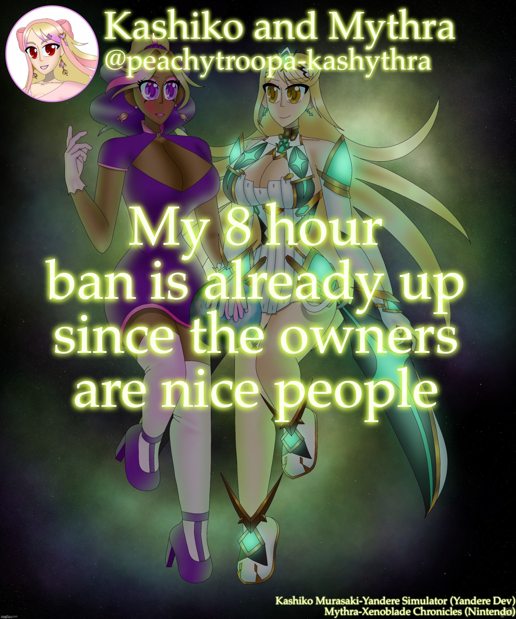 Kashiko Murasaki and Mythra | My 8 hour ban is already up since the owners are nice people | image tagged in kashiko murasaki and mythra | made w/ Imgflip meme maker