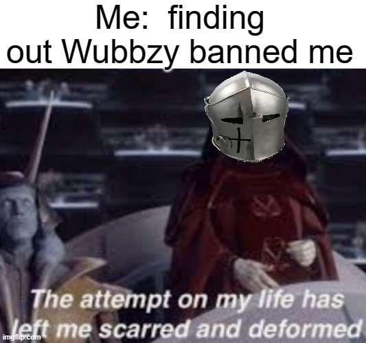 Must have gone offline when he gave it to me but still... It was just light hearted fun | Me:  finding out Wubbzy banned me | image tagged in the attempt on my life has left me scarred and deformed | made w/ Imgflip meme maker