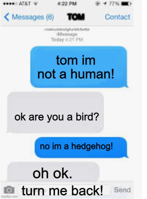 Blank text conversation |  TOM; tom im not a human! ok are you a bird? no im a hedgehog! oh ok. turn me back! | image tagged in blank text conversation,sonic the hedgehog,hedgehog,video games,oof,oh no | made w/ Imgflip meme maker