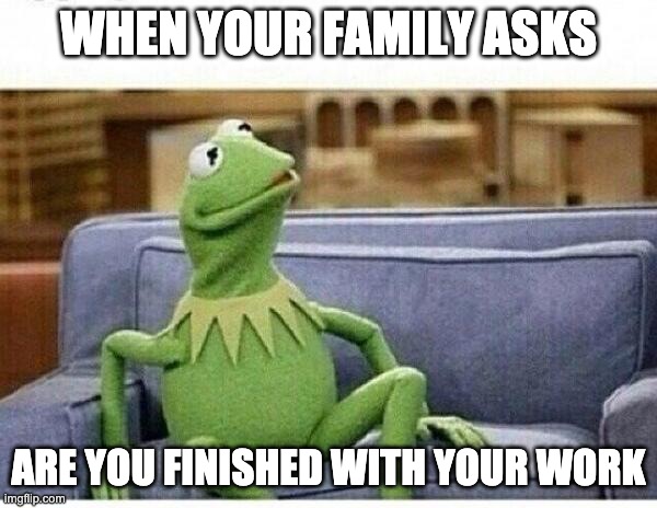 KERMIT | WHEN YOUR FAMILY ASKS; ARE YOU FINISHED WITH YOUR WORK | image tagged in kermit | made w/ Imgflip meme maker