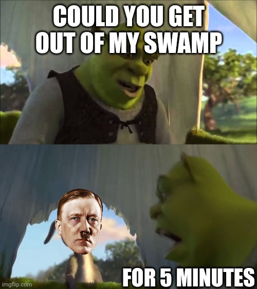 shrek five minutes | COULD YOU GET OUT OF MY SWAMP FOR 5 MINUTES | image tagged in shrek five minutes | made w/ Imgflip meme maker
