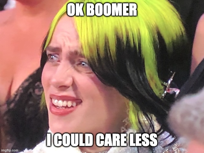 Billie Eilish Oscars | OK BOOMER I COULD CARE LESS | image tagged in billie eilish oscars | made w/ Imgflip meme maker