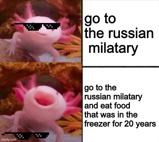 axolotl drake | go to the russian  milatary; go to the russian milatary and eat food that was in the freezer for 20 years | image tagged in axolotl drake | made w/ Imgflip meme maker