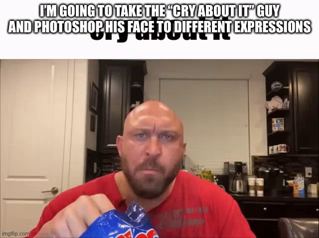 Cry About It | I’M GOING TO TAKE THE “CRY ABOUT IT” GUY AND PHOTOSHOP HIS FACE TO DIFFERENT EXPRESSIONS | image tagged in cry about it | made w/ Imgflip meme maker