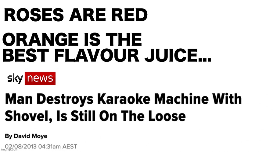 I love sky news lol | ORANGE IS THE BEST FLAVOUR JUICE... ROSES ARE RED | image tagged in blank white template,memes,unfunny | made w/ Imgflip meme maker