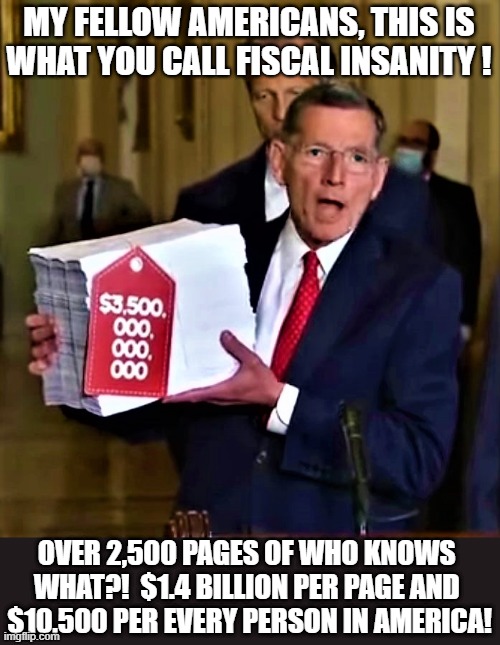 senator barrasso shows 3.5 trillion bill | MY FELLOW AMERICANS, THIS IS
WHAT YOU CALL FISCAL INSANITY ! OVER 2,500 PAGES OF WHO KNOWS 
WHAT?!  $1.4 BILLION PER PAGE AND 
$10,500 PER EVERY PERSON IN AMERICA! | image tagged in political meme,insanity,spending,americans,who knows what,government corruption | made w/ Imgflip meme maker