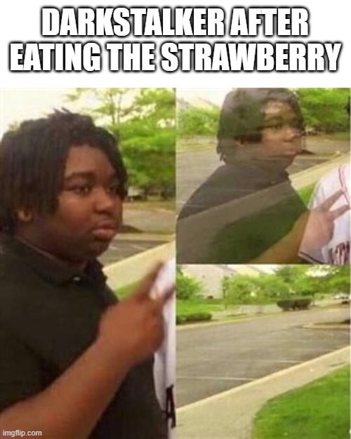 Dissappearing black guy | DARKSTALKER AFTER EATING THE STRAWBERRY | image tagged in dissappearing black guy | made w/ Imgflip meme maker