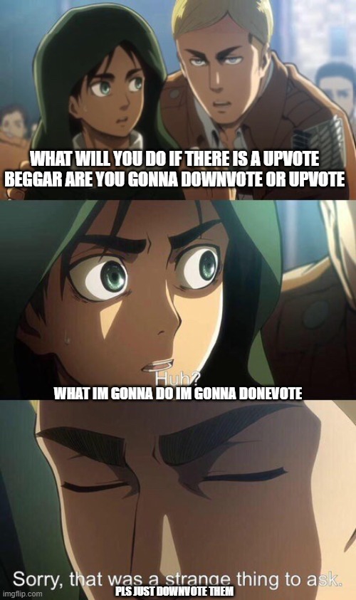 Erwin ask Eren about upvote beggars | WHAT WILL YOU DO IF THERE IS A UPVOTE BEGGAR ARE YOU GONNA DOWNVOTE OR UPVOTE; WHAT IM GONNA DO IM GONNA DONEVOTE; PLS JUST DOWNVOTE THEM | image tagged in strange question attack on titan,upvote beggars,downvotes | made w/ Imgflip meme maker