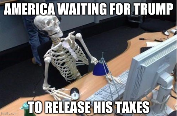 Skeleton at desk/computer/work | AMERICA WAITING FOR TRUMP TO RELEASE HIS TAXES | image tagged in skeleton at desk/computer/work | made w/ Imgflip meme maker