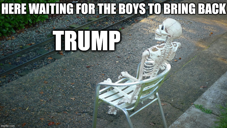 waiting for the boys |  HERE WAITING FOR THE BOYS TO BRING BACK; TRUMP | image tagged in skeleton waiting | made w/ Imgflip meme maker