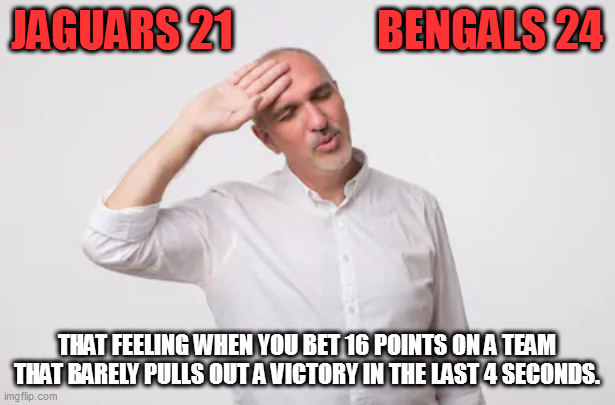 Phew | JAGUARS 21                BENGALS 24; THAT FEELING WHEN YOU BET 16 POINTS ON A TEAM THAT BARELY PULLS OUT A VICTORY IN THE LAST 4 SECONDS. | image tagged in phew | made w/ Imgflip meme maker
