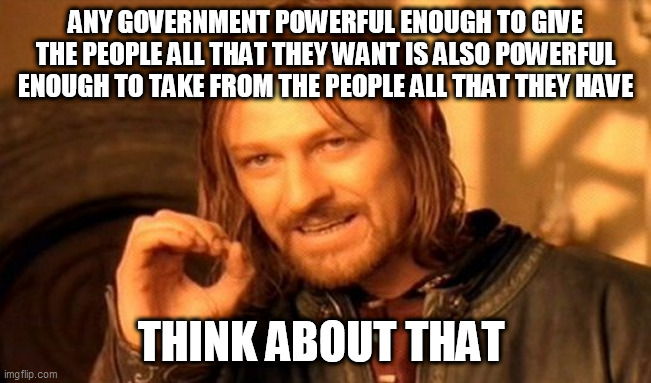 One Does Not Simply Meme |  ANY GOVERNMENT POWERFUL ENOUGH TO GIVE THE PEOPLE ALL THAT THEY WANT IS ALSO POWERFUL ENOUGH TO TAKE FROM THE PEOPLE ALL THAT THEY HAVE; THINK ABOUT THAT | image tagged in memes,one does not simply | made w/ Imgflip meme maker