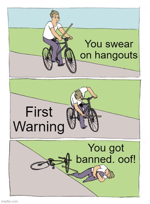 Why You Cannot Swear | You swear on hangouts; First Warning; You got banned. oof! | image tagged in memes,bike fall | made w/ Imgflip meme maker