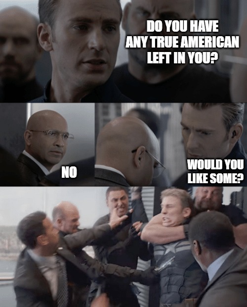 Captain america elevator | DO YOU HAVE ANY TRUE AMERICAN LEFT IN YOU? WOULD YOU LIKE SOME? NO | image tagged in captain america elevator,potty | made w/ Imgflip meme maker