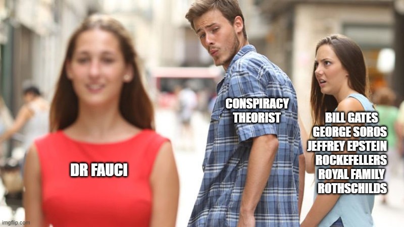 distracted conspiracy theorist | CONSPIRACY                                            
THEORIST                    BILL GATES    
GEORGE SOROS
JEFFREY EPSTEIN
ROCKEFELLERS
ROYAL FAMILY 
ROTHSCHILDS; DR FAUCI | image tagged in distracted boyfriend,rothschild,rockefeller,bill gates,george soros | made w/ Imgflip meme maker