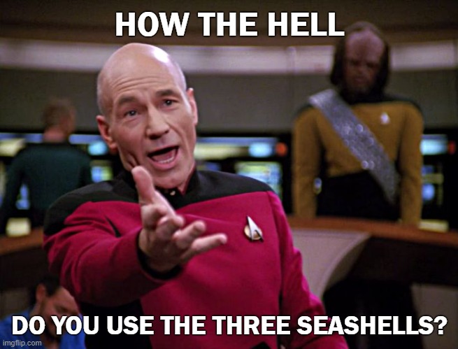 Picard How The Hell Do You Use The Three Seashells | HOW THE HELL; DO YOU USE THE THREE SEASHELLS? | image tagged in frustrated picard hq | made w/ Imgflip meme maker
