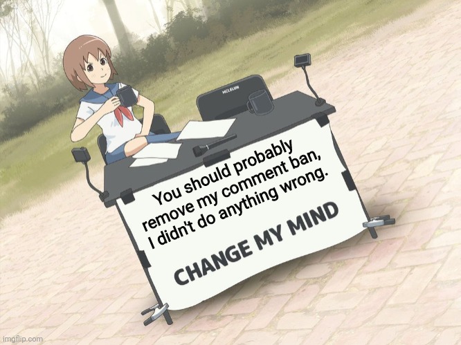 Why, though? | You should probably remove my comment ban, I didn't do anything wrong. | image tagged in change my mind anime version,comments,banned,im innocent ok,memes | made w/ Imgflip meme maker